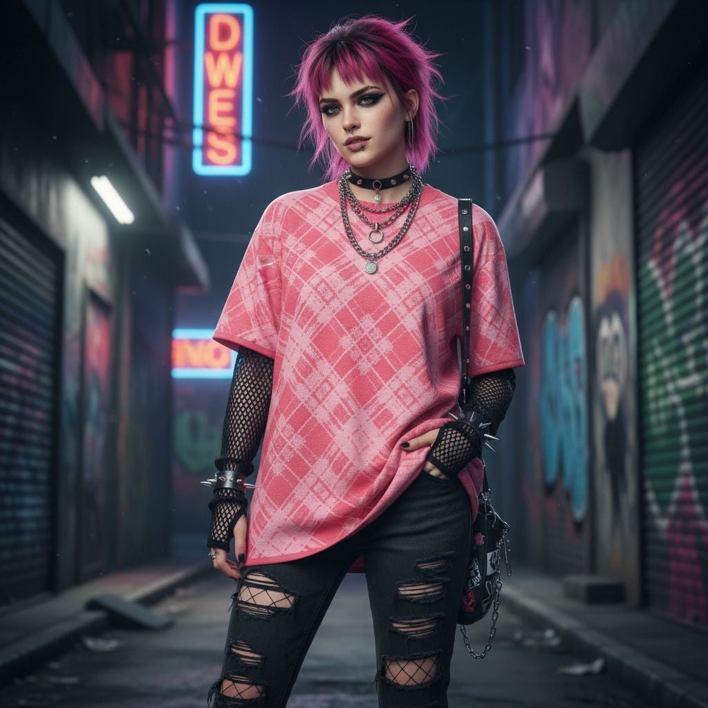 Woman wearing a pop punk pink glitched plaid pattern knit tee over long sleeve fish net