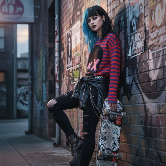 alt punk e-girl style girl wearing a striped blue and red knit sweater with a large skull with x-eyes