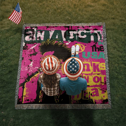 people sitting on a woven blanket with a punk collage in pink black and yellow and text anarchy in the usa