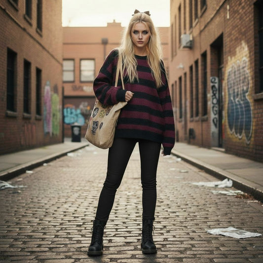 Person wearing a grunge striped sweater with wide black and burgundy stripes