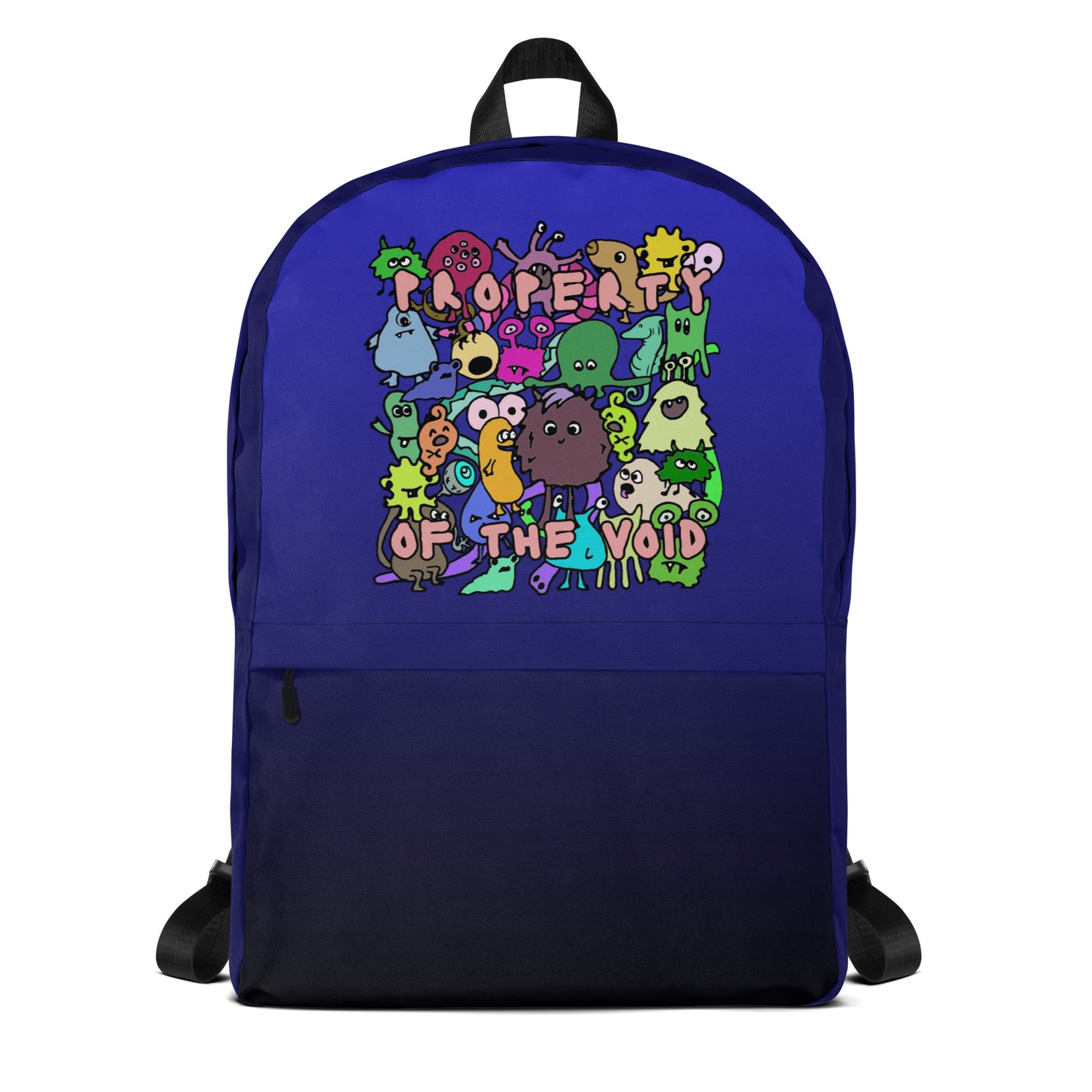 emo scene style blue-black medium size backpack with colorful monster print and text "property of the void"