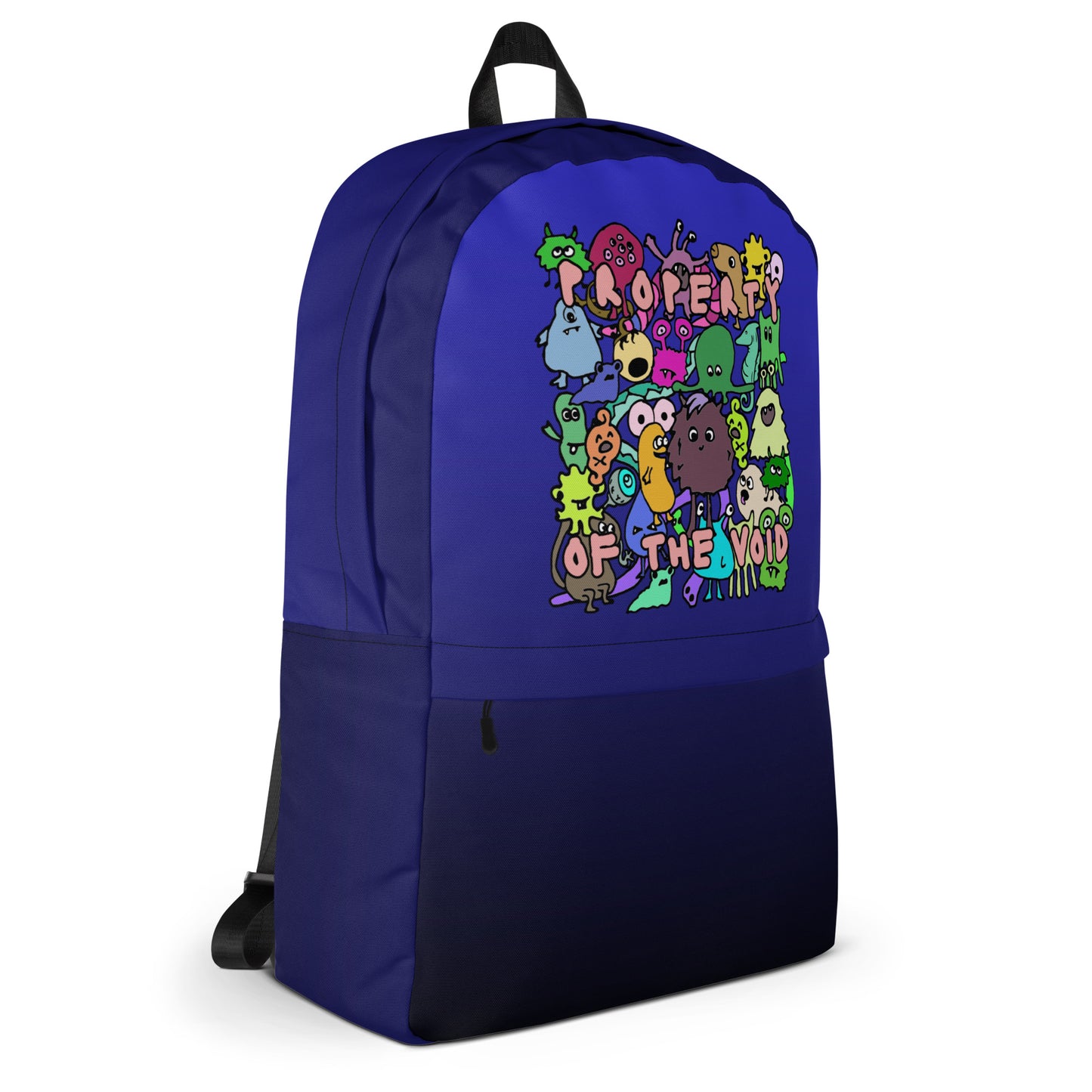 emo scene style blue-black medium size backpack with colorful monster print and text "property of the void"