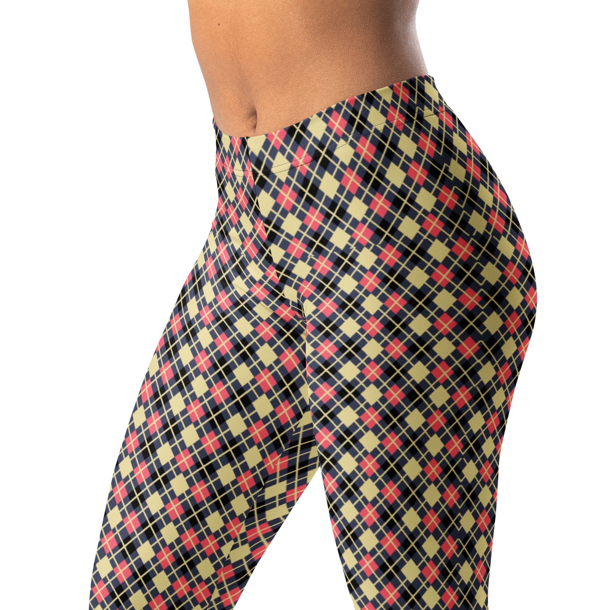 person wearing colorful argyle diamond pattern leggings with purple base and beige accent