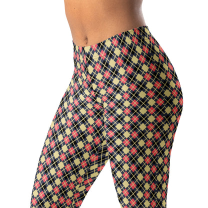person wearing colorful argyle diamond pattern leggings with purple base and beige accent