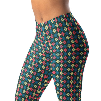 woman wearing leggings with a colorful diamond pattern