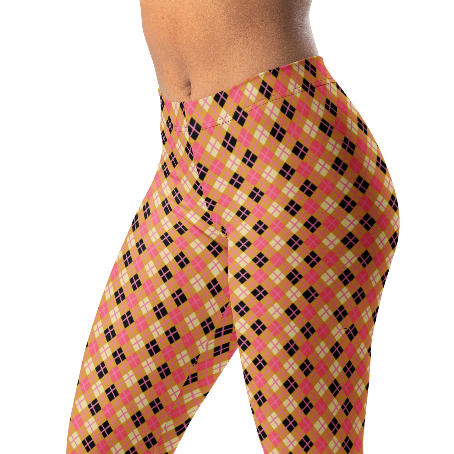 person wearing pink-yellow argyle patterned leggings 