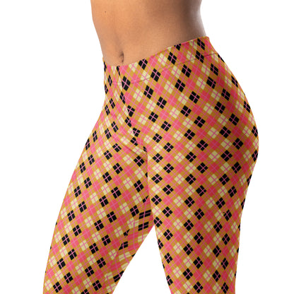 person wearing pink-yellow argyle patterned leggings 