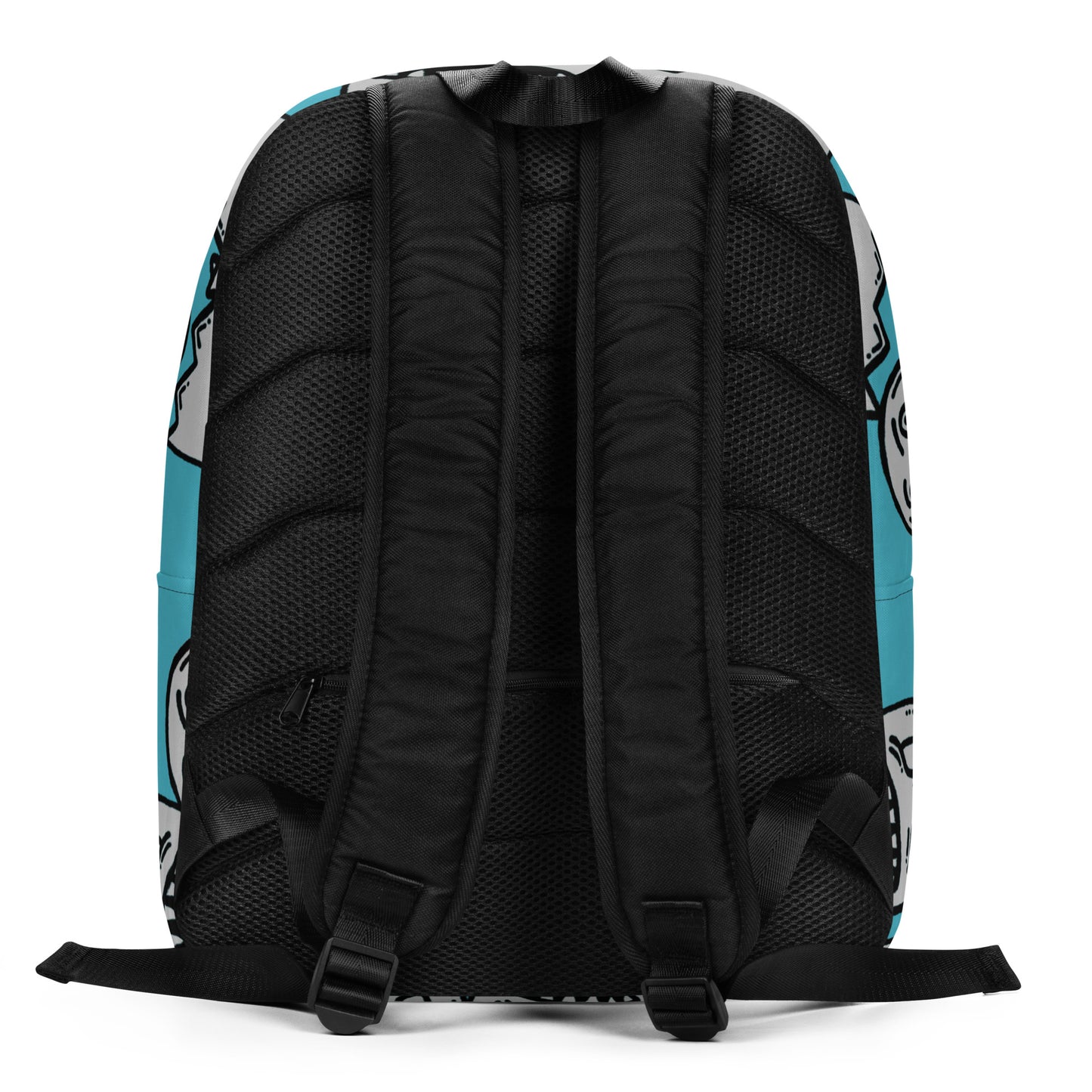 Backpack with grinning goblin pattern on a bright blue background
