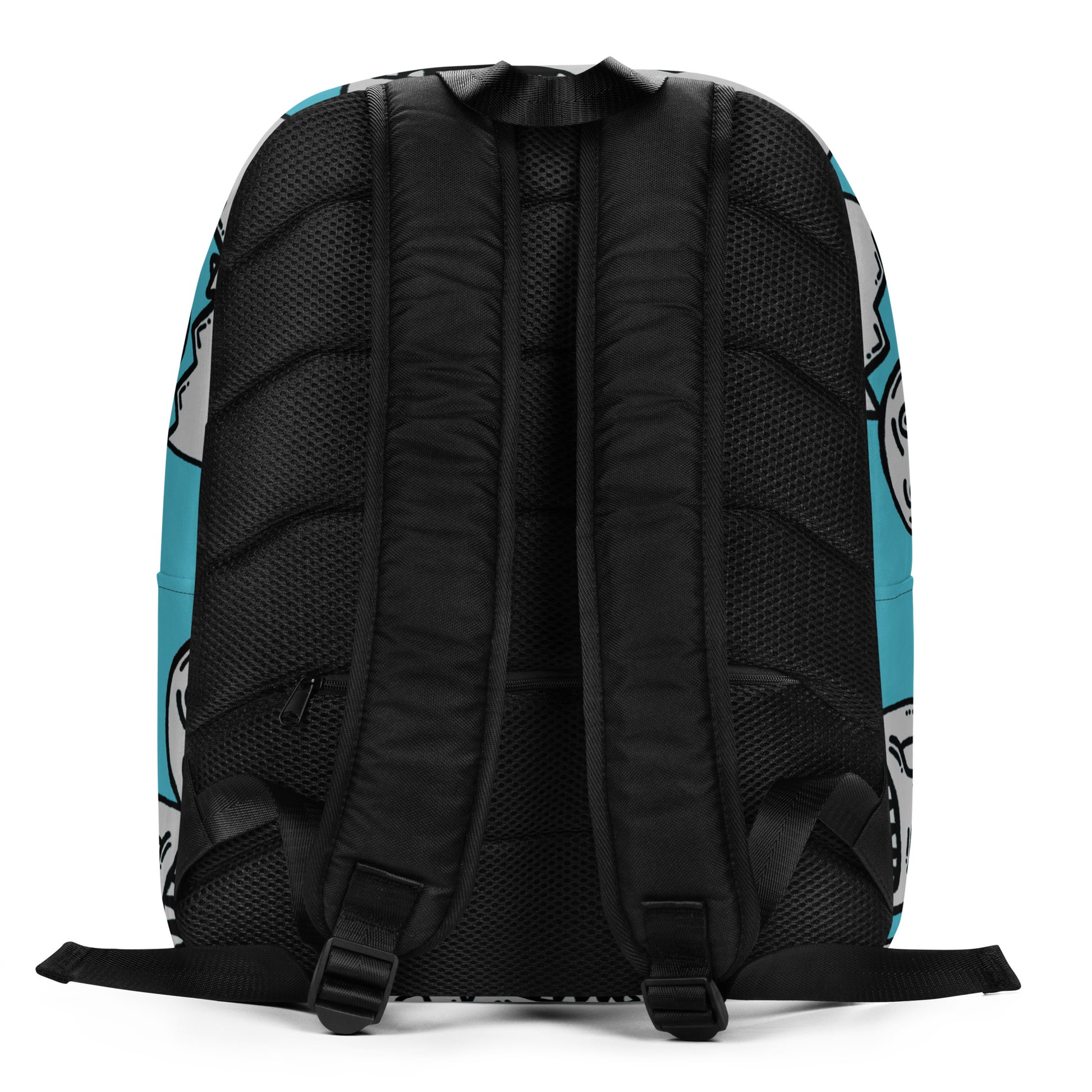Backpack with grinning goblin pattern on a bright blue background