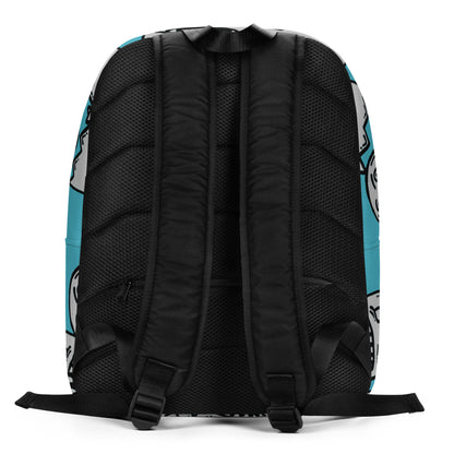 Backpack with grinning goblin pattern on a bright blue background