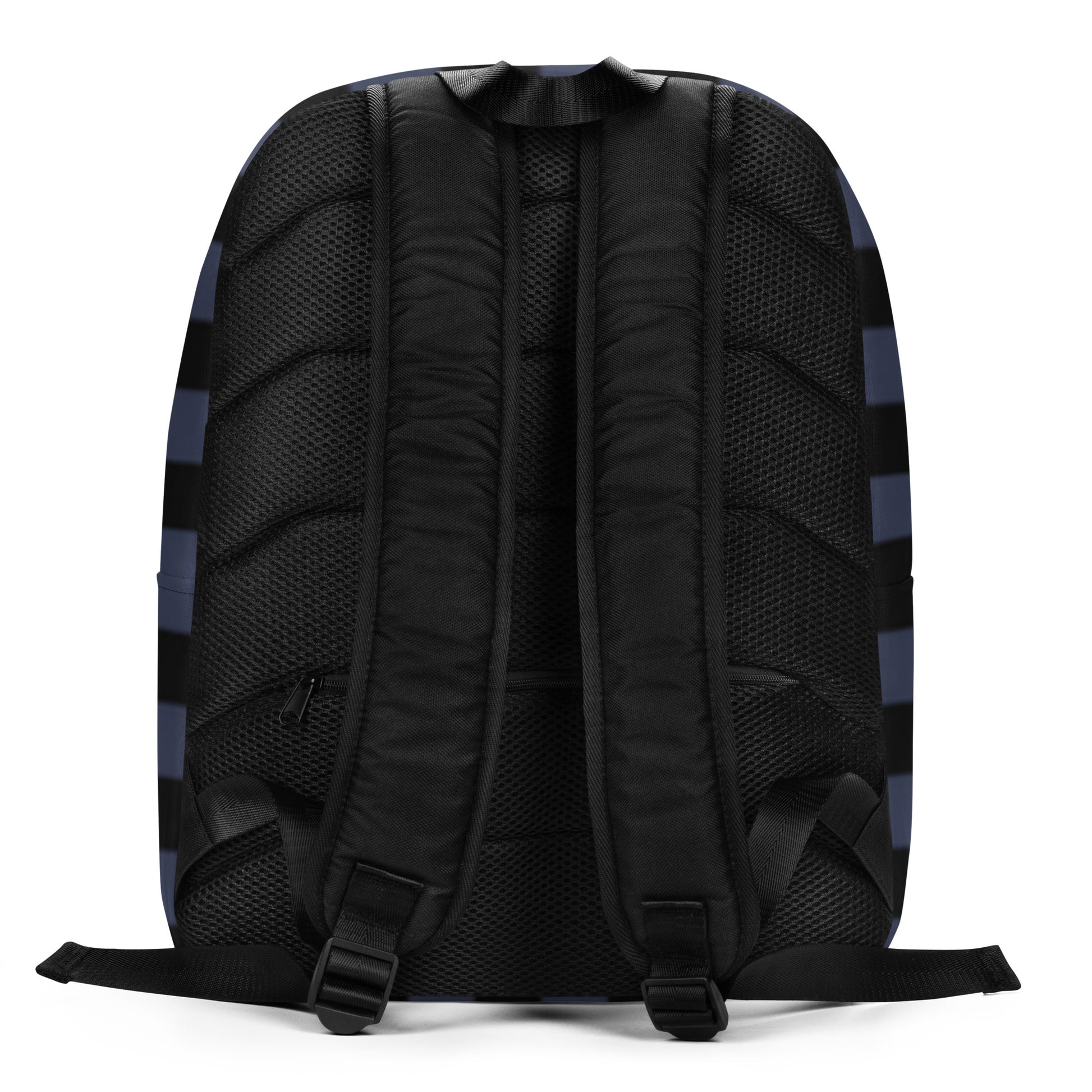 Backpack with grunge style dark wide stripes and text "here we are now"