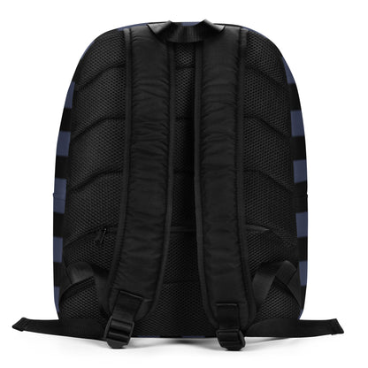 Backpack with grunge style dark wide stripes and text "here we are now"
