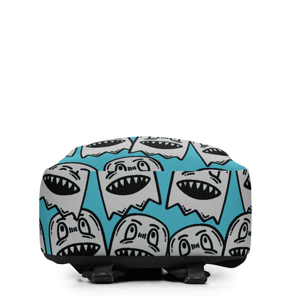Backpack with grinning goblin pattern on a bright blue background