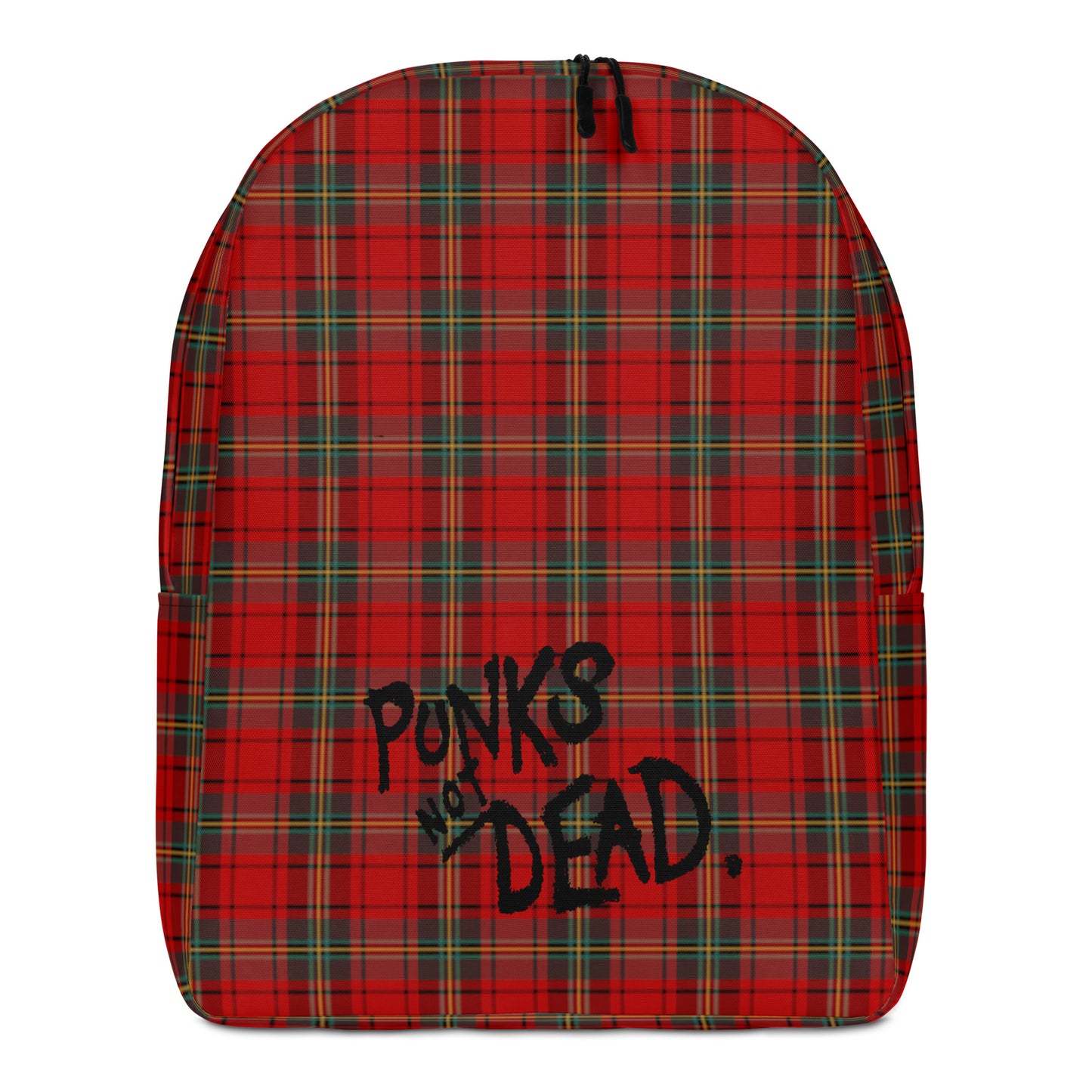 Punk tartan backpack with text "punks not dead"