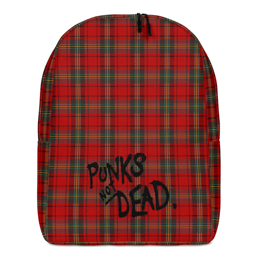 Punk tartan backpack with text "punks not dead"