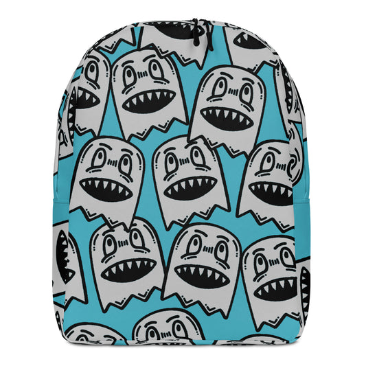 Backpack with grinning goblin pattern on a bright blue background