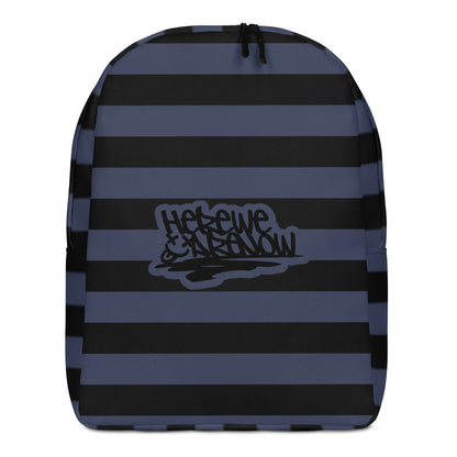 Backpack with grunge style dark wide stripes and text "here we are now"