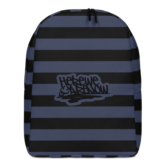 Backpack with grunge style dark wide stripes and text "here we are now"