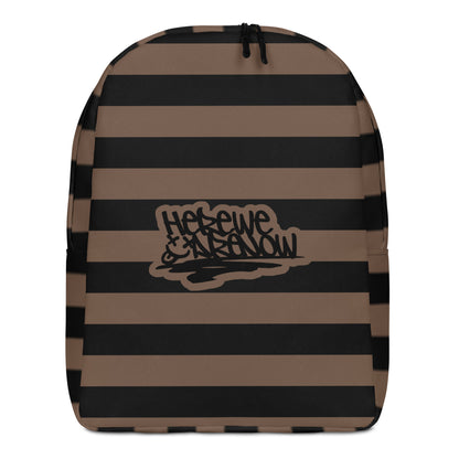Backpack with grunge style dark wide stripes and text "here we are now"