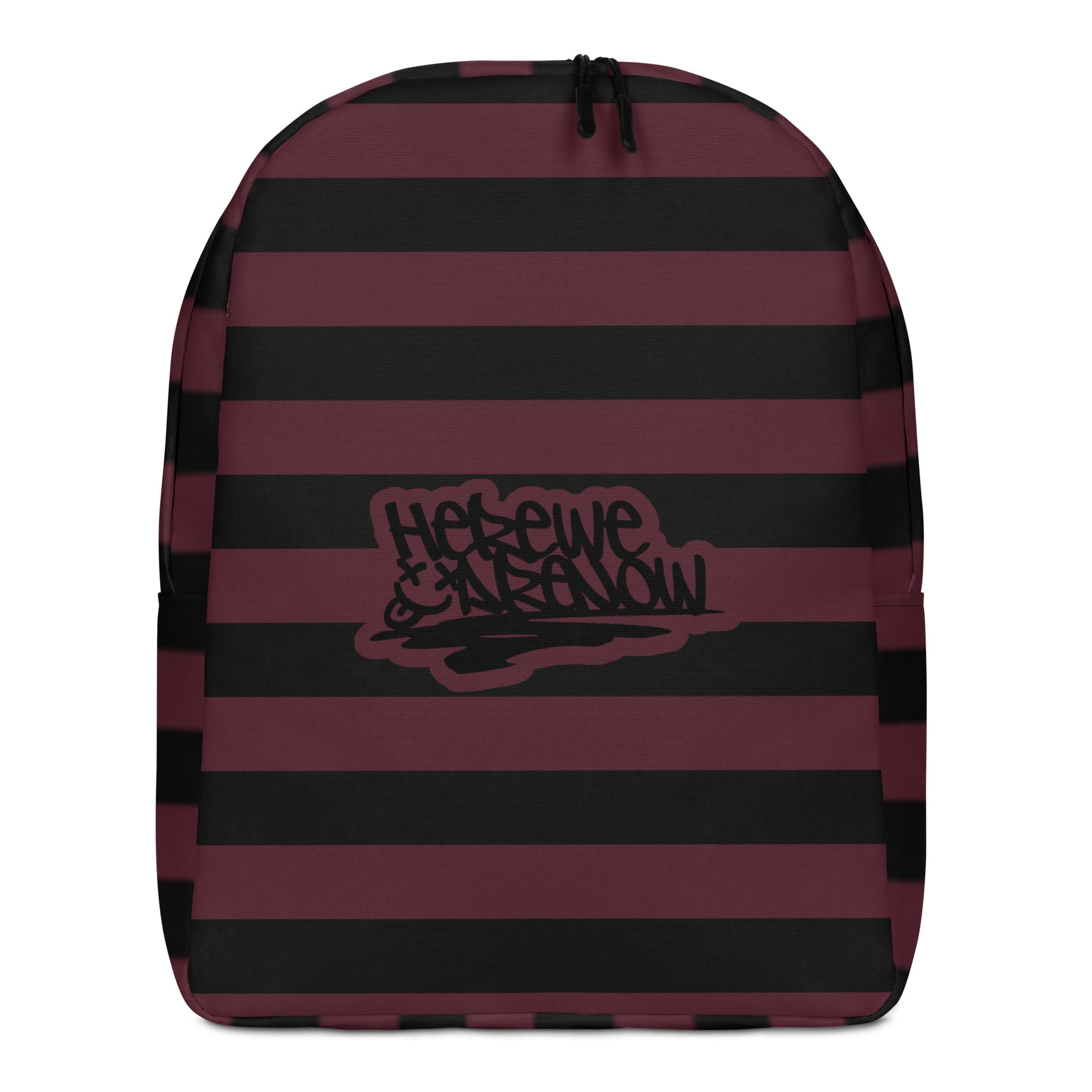 Backpack with grunge style dark wide stripes and text "here we are now"