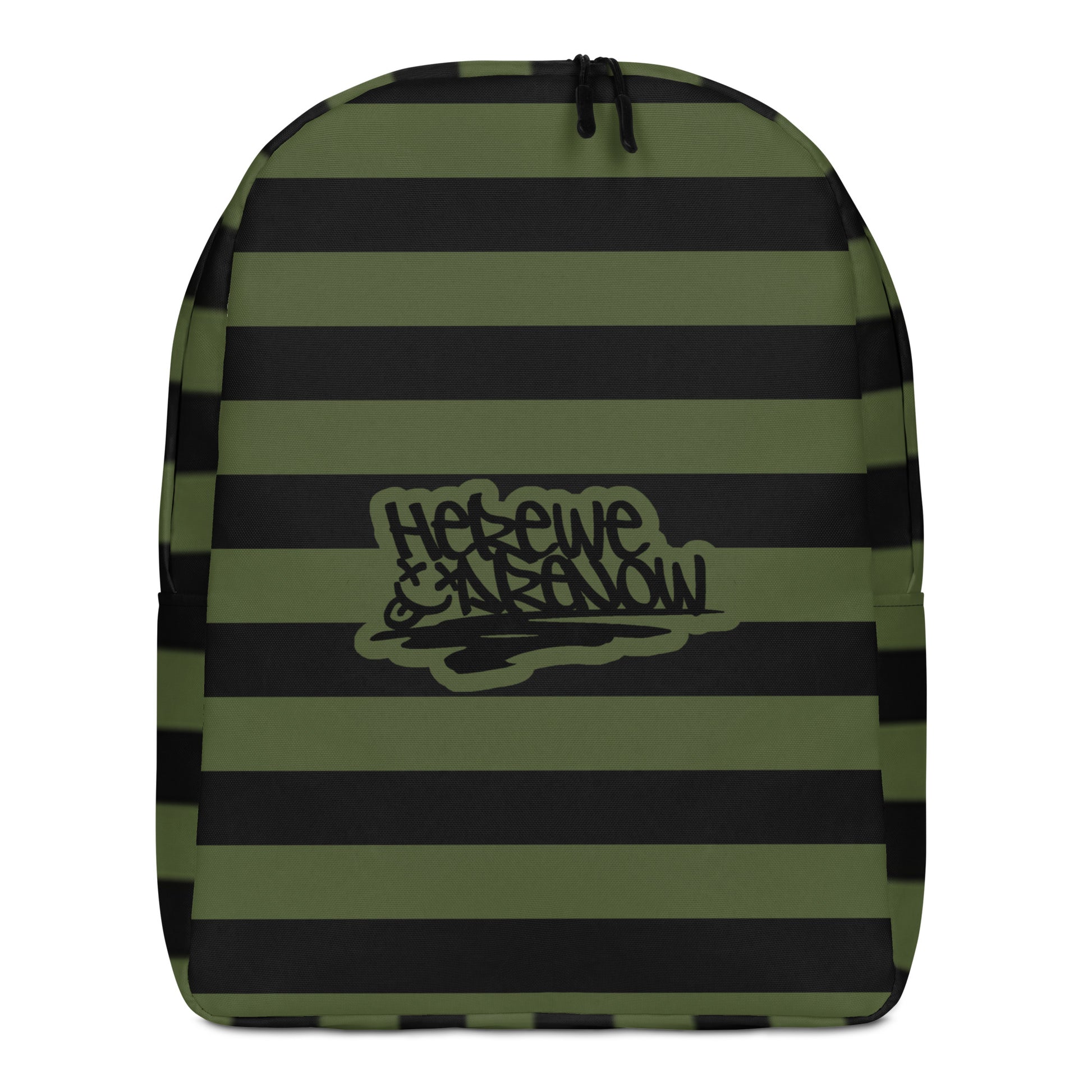 Backpack with grunge style dark wide stripes and text "here we are now"