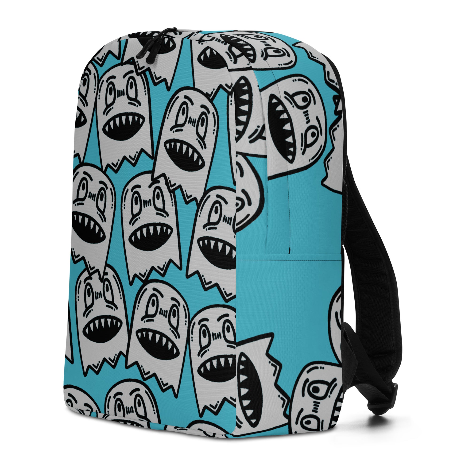 Backpack with grinning goblin pattern on a bright blue background