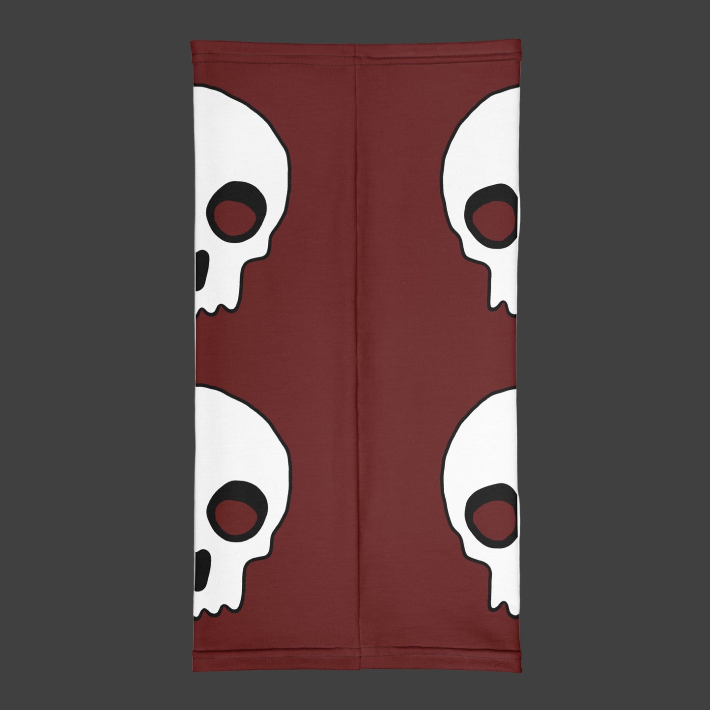 a deep red neck gaiter with large skull prints