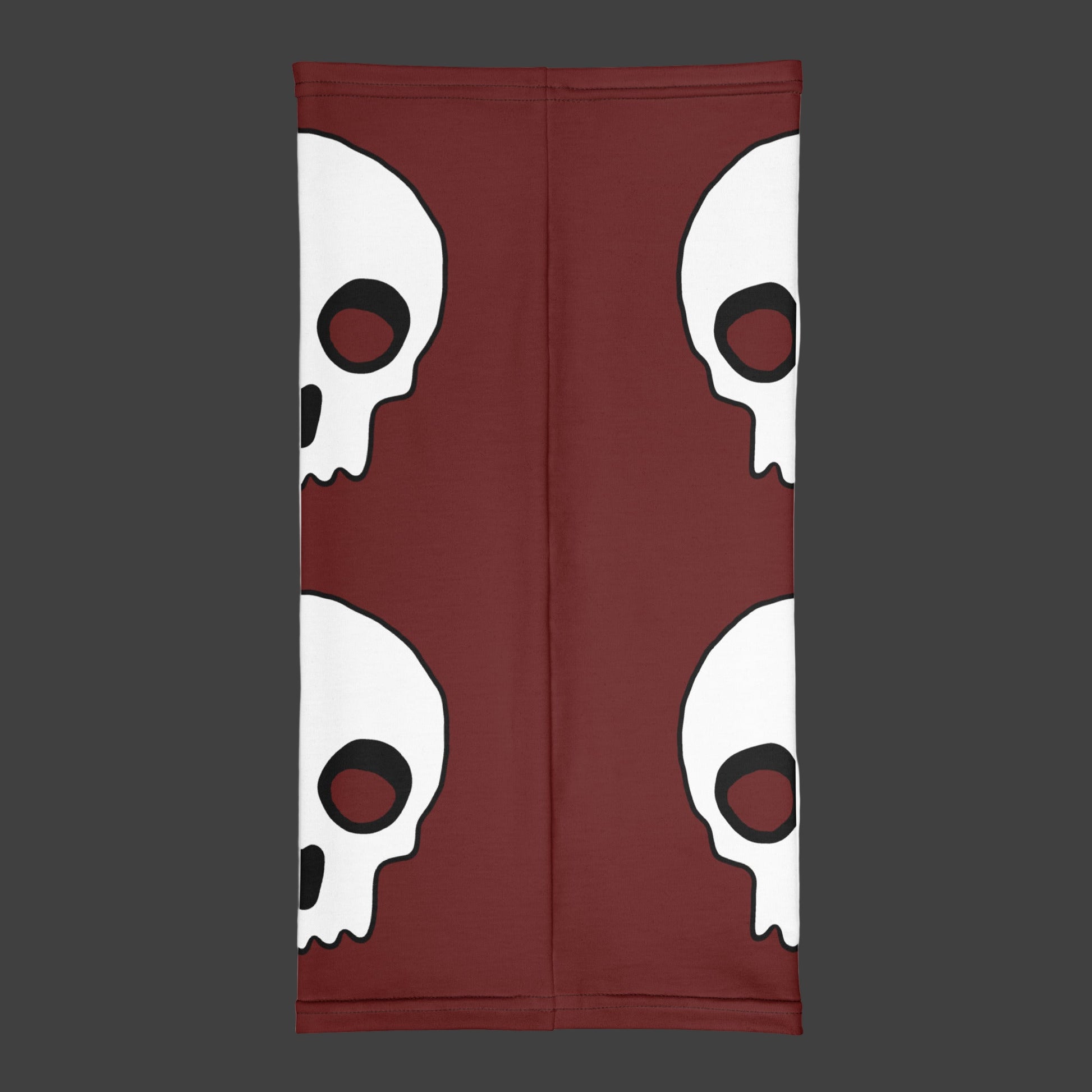 a deep red neck gaiter with large skull prints