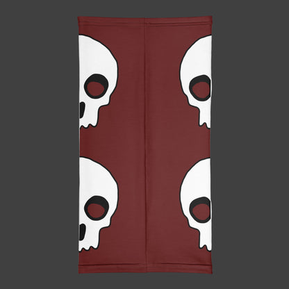 a deep red neck gaiter with large skull prints