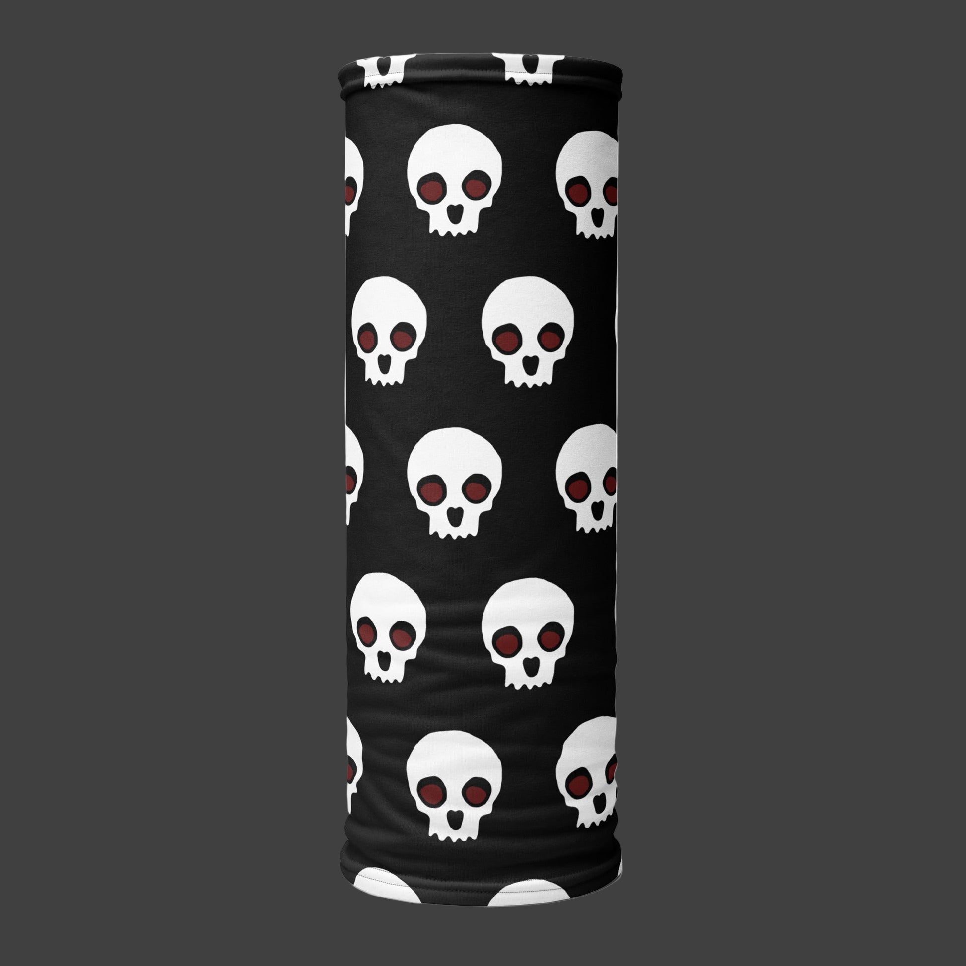 a black neck gaiter with skulls