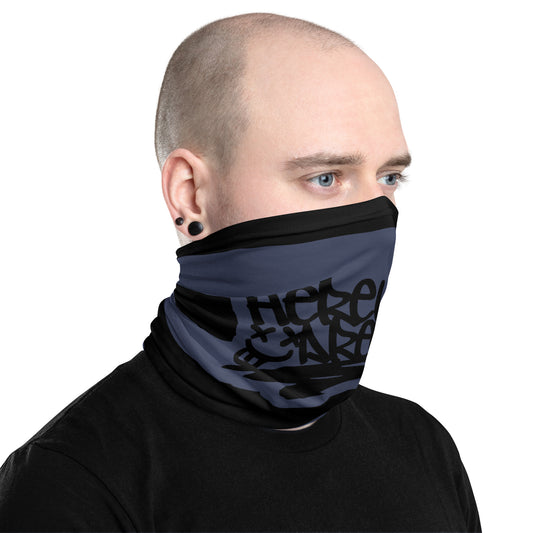 a neck gaiter with wide grunge style stripes and text "here we are noW"