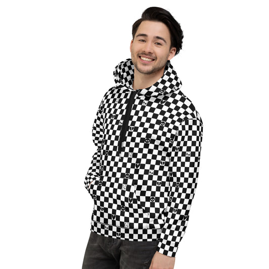 man wearing a black and white checkered hoodie with emo symbols on some squares