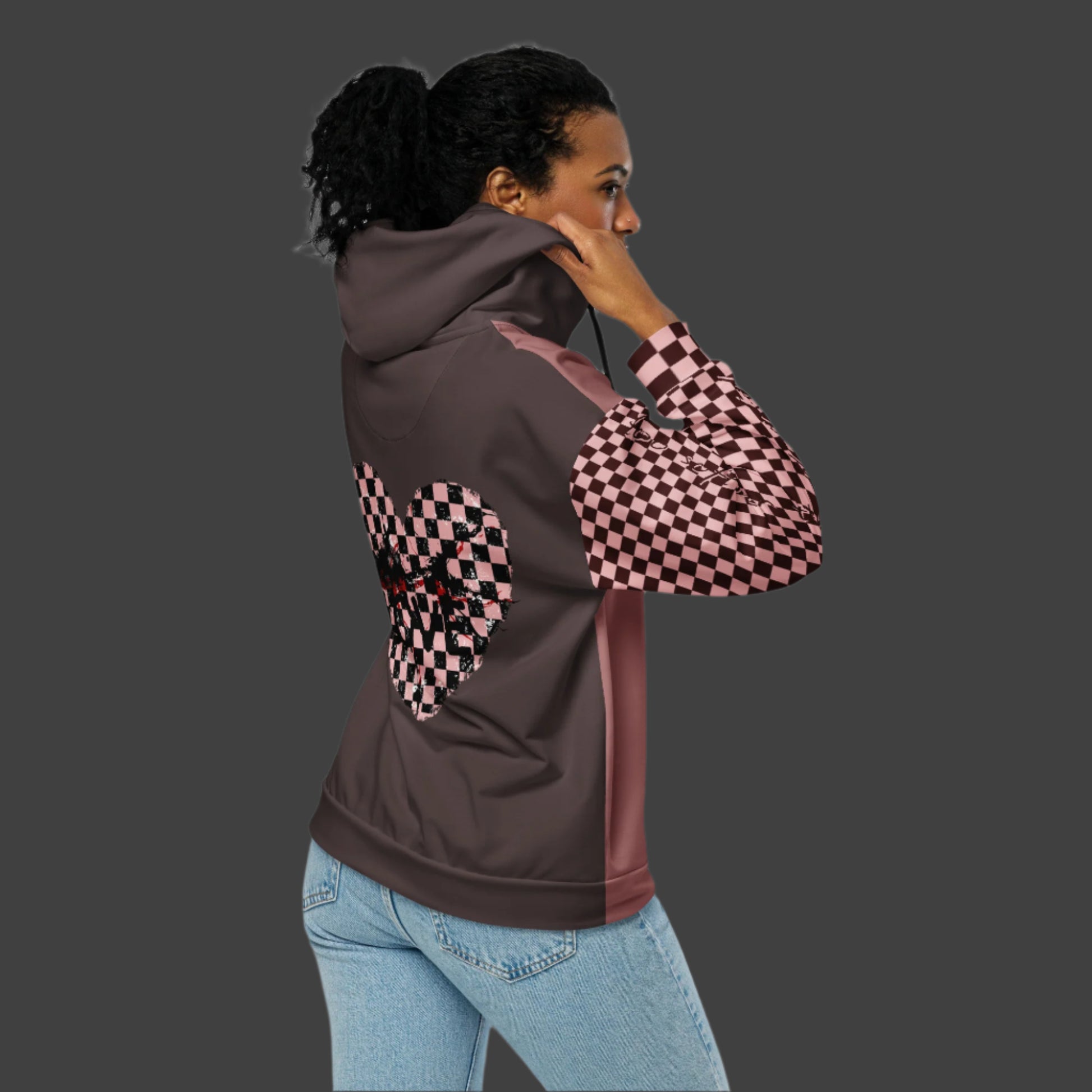 emo grunge aesthetic all over print zip up hoodie with cracked checkered heart, text love and love x hurt
