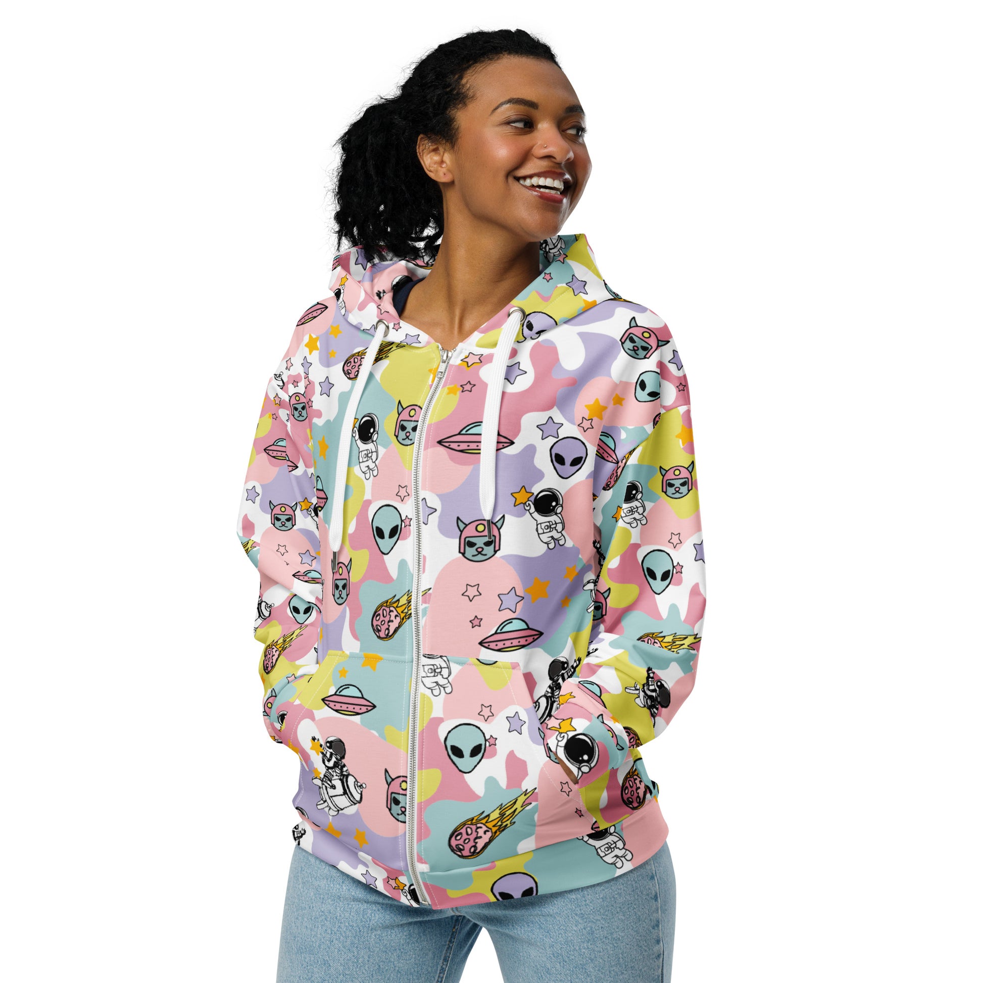 Woman wearing a emo and scene zip hoodie with ice cream ike colors and space theme