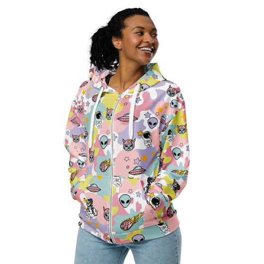 Woman wearing a emo and scene zip hoodie with ice cream ike colors and space theme
