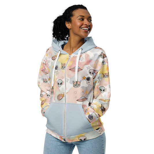 Woman wearing a emo and scene zip hoodie with ice cream like pastel colors and space theme