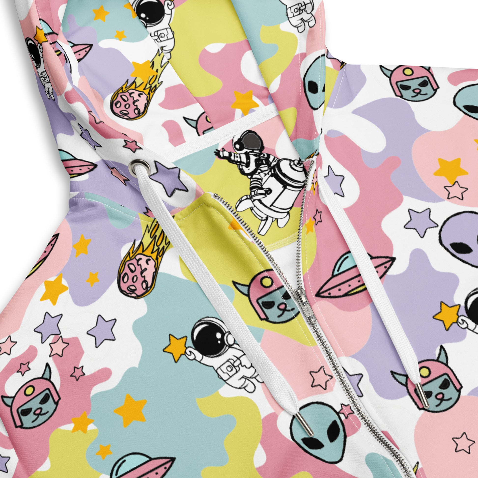 detali of an emo and scene zip hoodie with ice cream ike colors and space theme