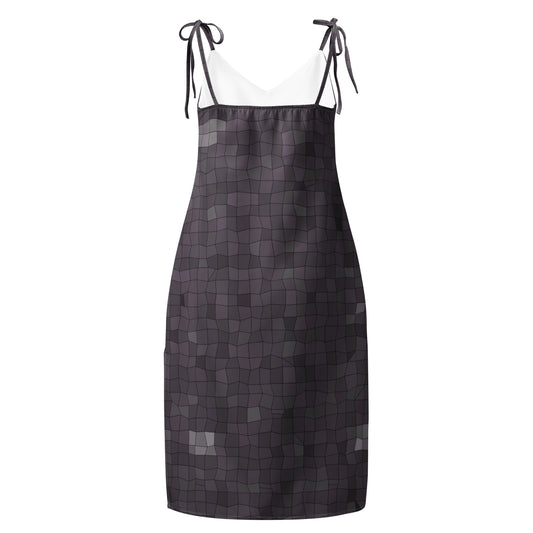 a tie strap dress with blue grey mosaic pattern