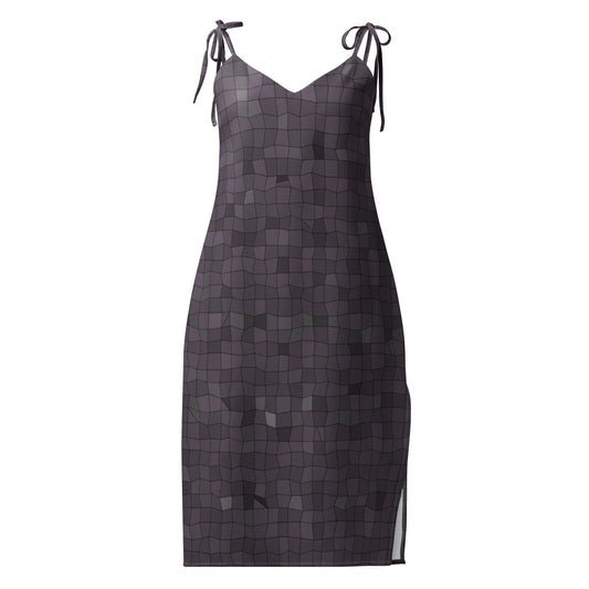 a tie strap dress with blue grey mosaic pattern