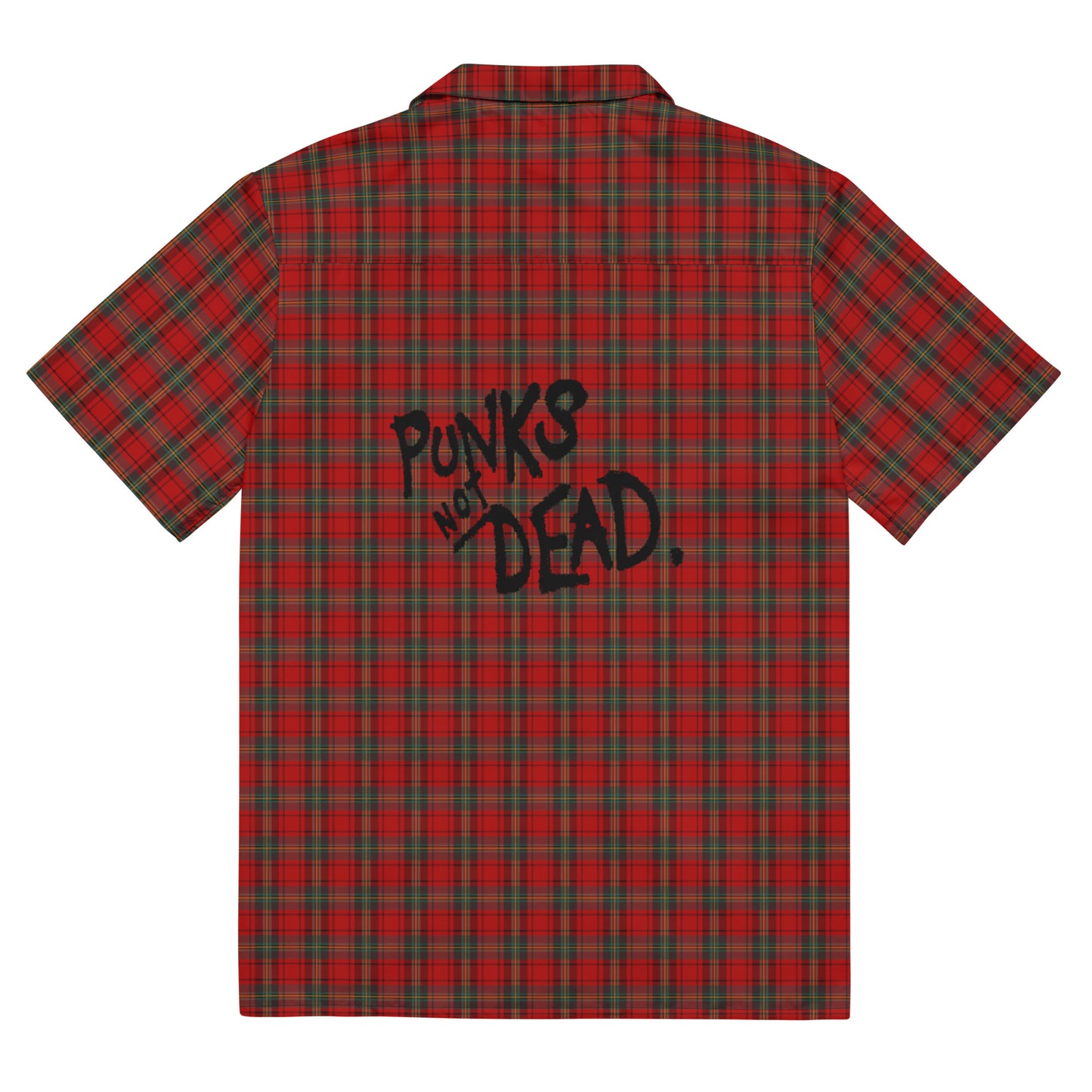 "punks not dead" print on the back of a red punk tartan plaid button-up short-sleeve