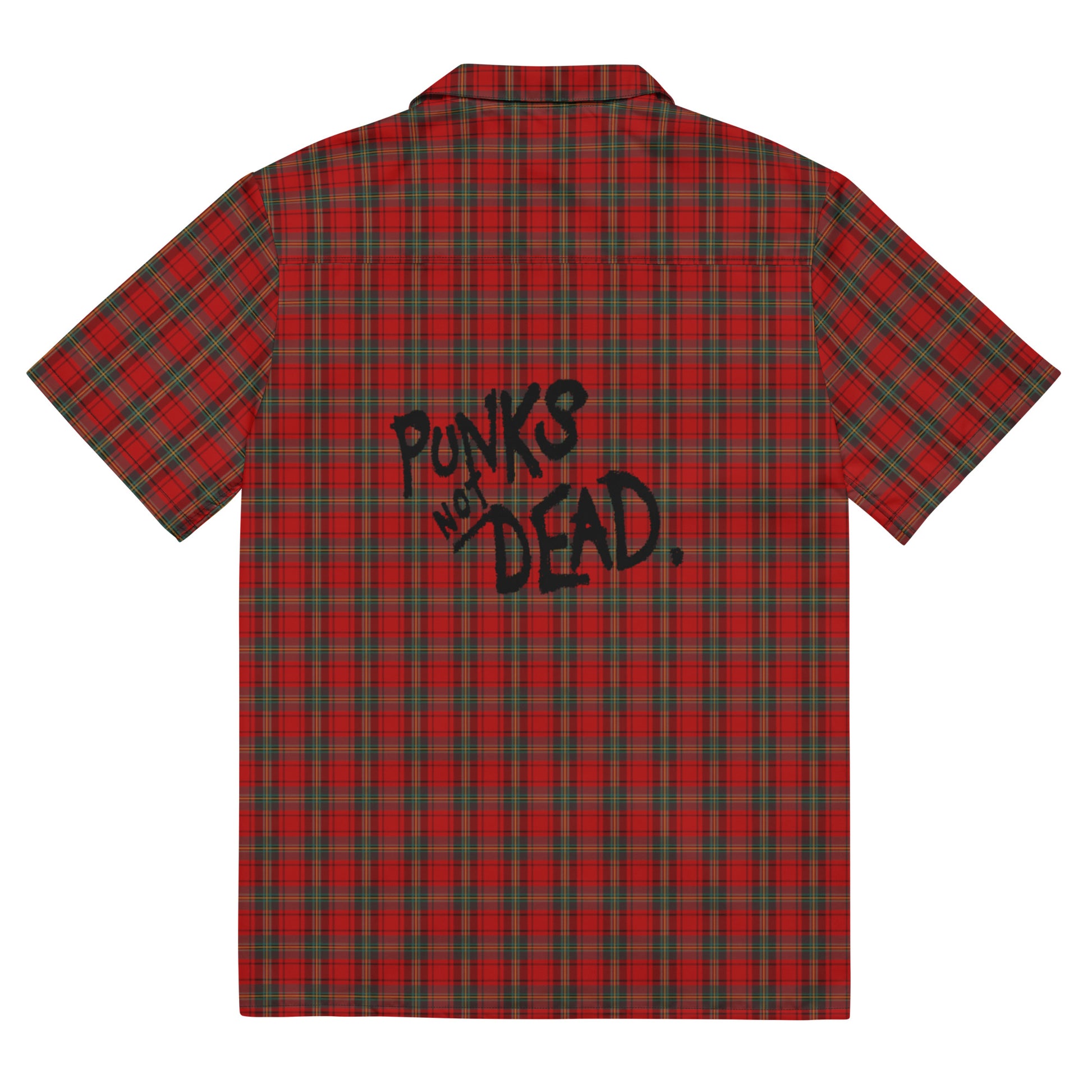 "punks not dead" print on the back of a red punk tartan plaid button-up short-sleeve