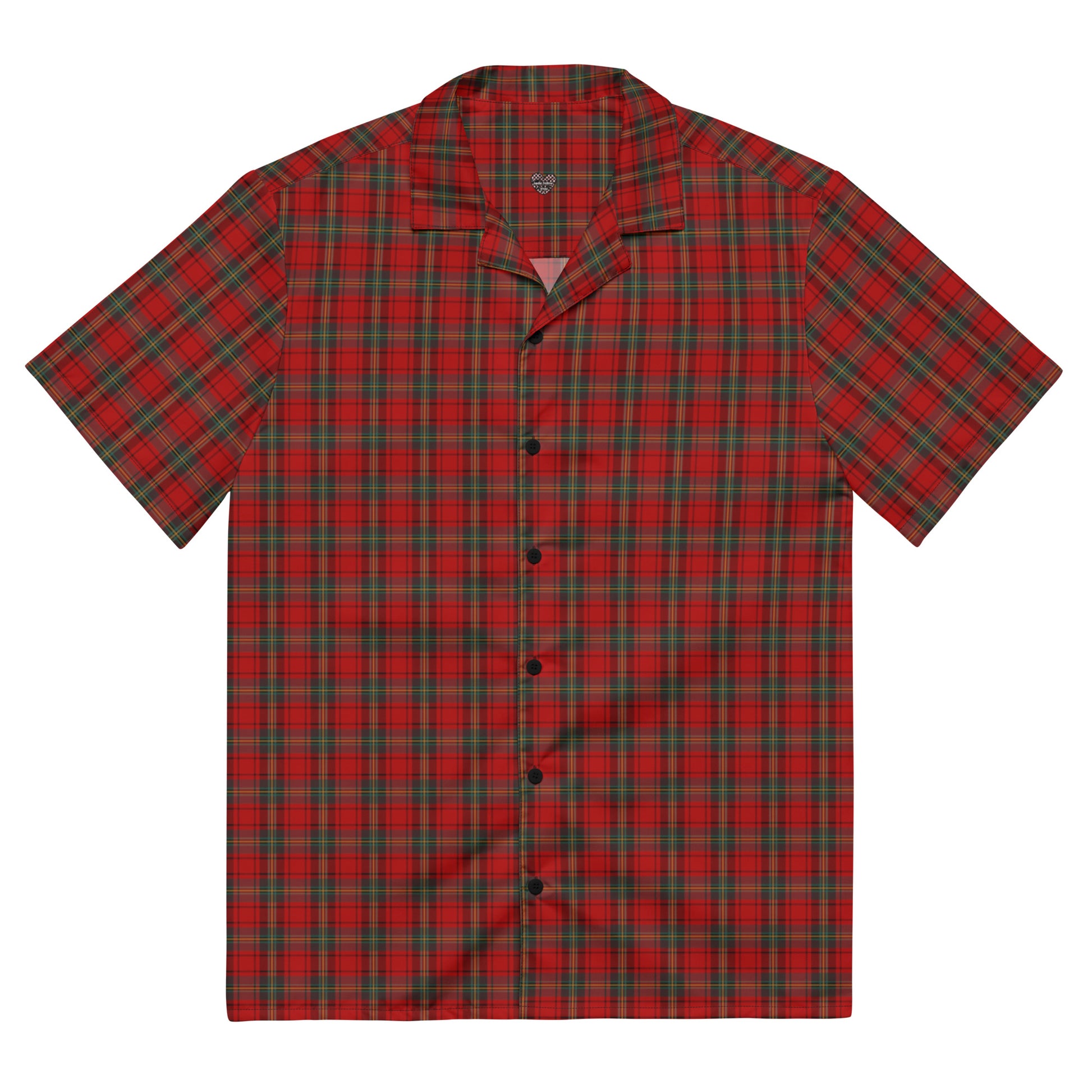 the front of a red punk tartan plaid button-up short-sleeve