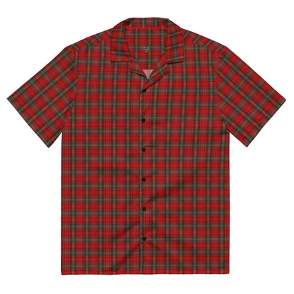 the front of a red punk tartan plaid button-up short-sleeve