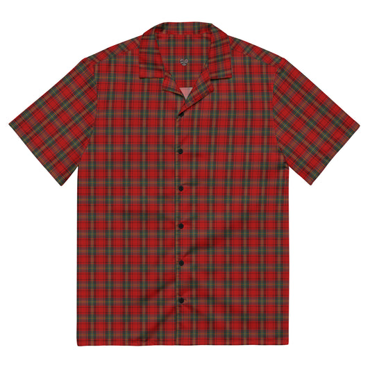 the front of a red punk tartan plaid button-up short-sleeve