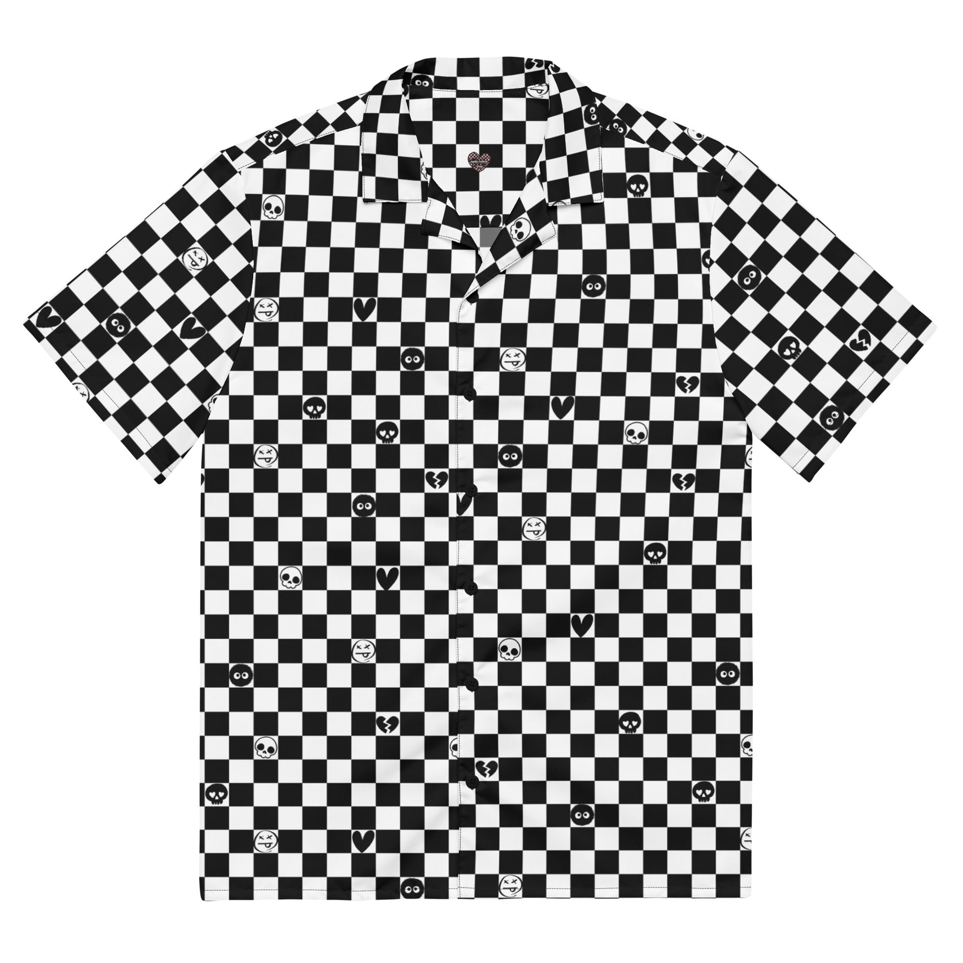 a black and white checkered button up shirt wit emo symbols