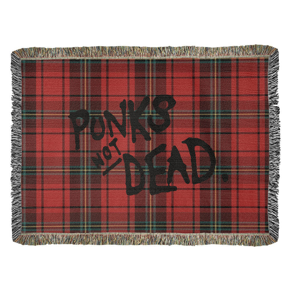 Red plaid woven blanket blanket with text 'Punks Not Dead'