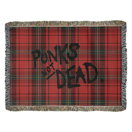 Red plaid woven blanket blanket with text 'Punks Not Dead'