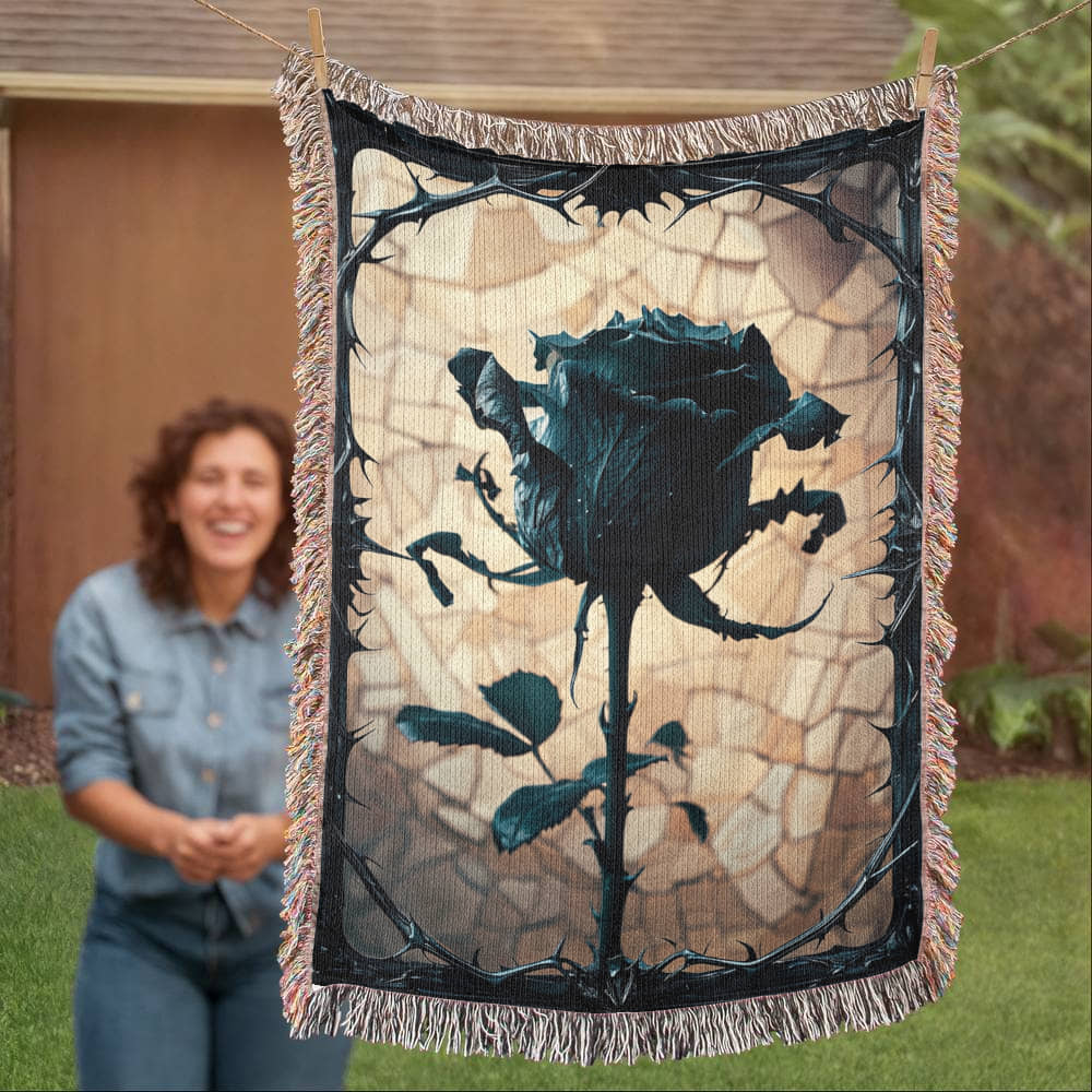 a woven blanket with a black wilted rose and shattered beige background, surrounded by a frame of thorns