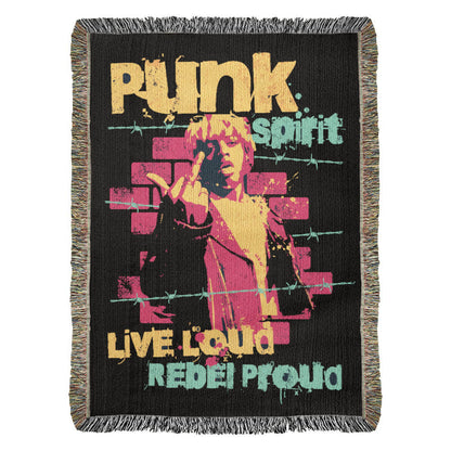 a woven blanket with text "punk spirit, live loud, rebel proud" and an rebellious image, in black, pink and yellow
