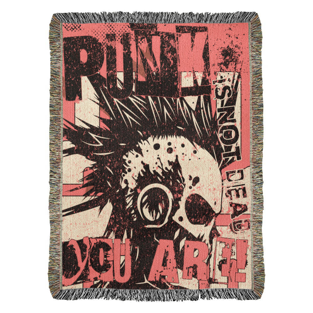 a woven blanket with a punk collage in pink and black, with text and a mohawk skull